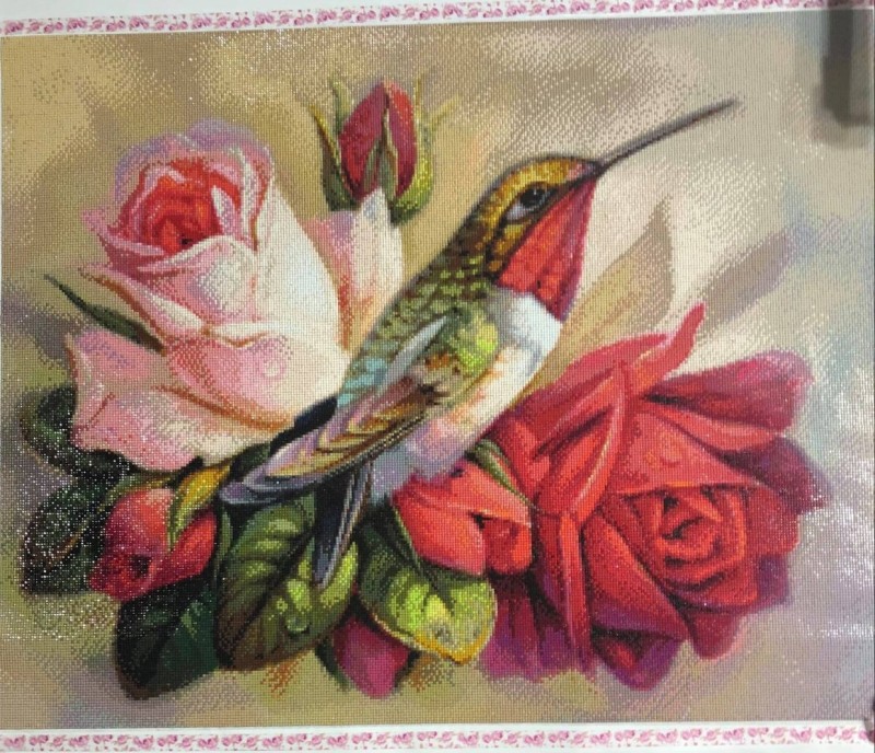 Diamond Painting Canvas - Mini Hummingbirds In Roses - Click Image to Close