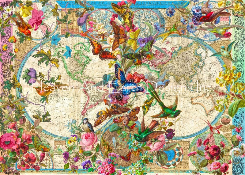 Supersized Birds Butterflies and Blooms World Map Max Colors - Click Image to Close