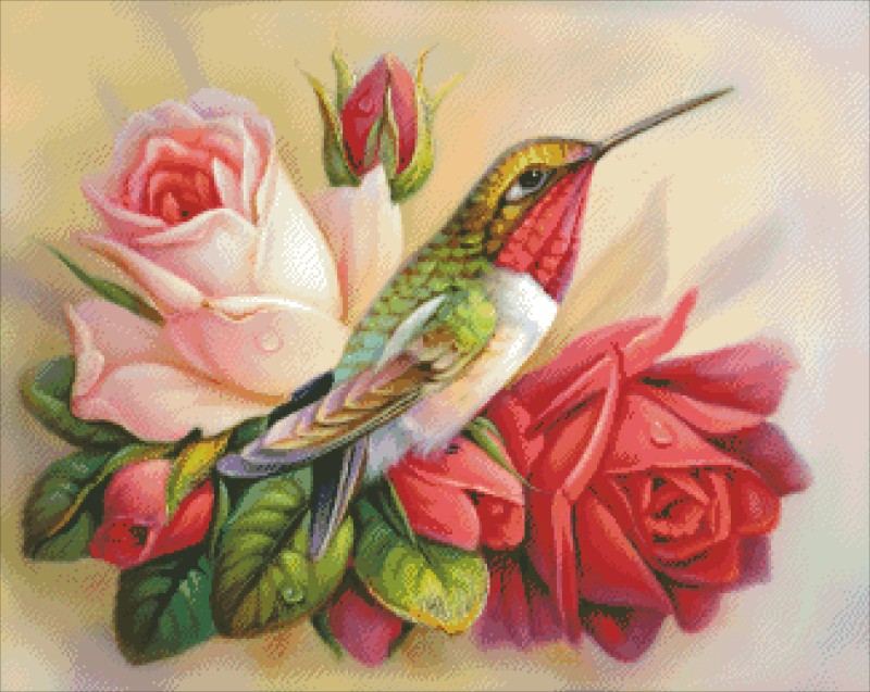 Diamond Painting Canvas - Mini Hummingbirds In Roses - Click Image to Close