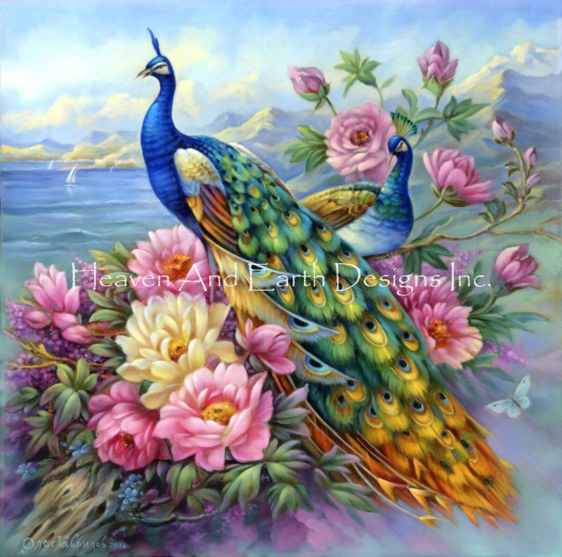 Peacocks in Flowers - Click Image to Close