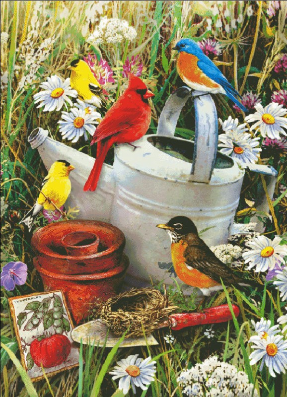 Birds with Watering Can Flag - Click Image to Close