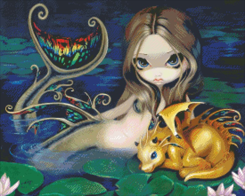 Diamond Painting Canvas - Mini Mermaid With A Golden Dragon - Click Image to Close