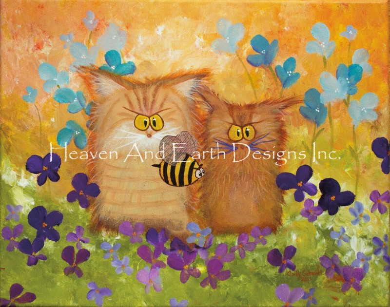 Orange Cranky Cats With Bee - Click Image to Close