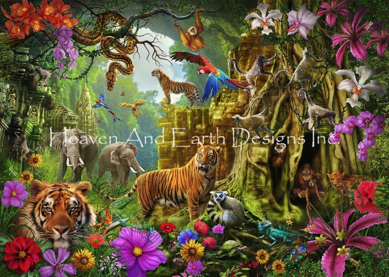Dark Jungle Temple And Tigers - Click Image to Close