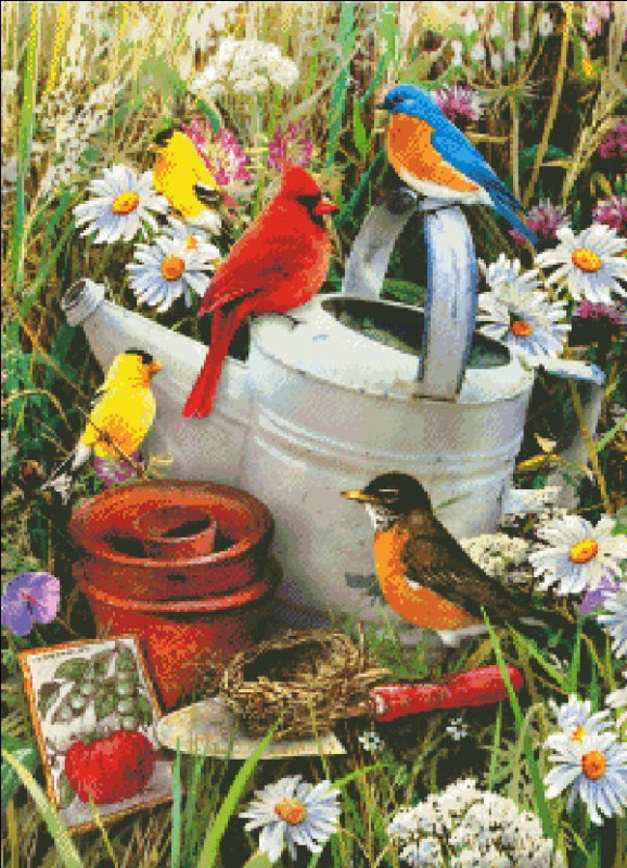 Mini Birds with Watering Can Flag - Click Image to Close